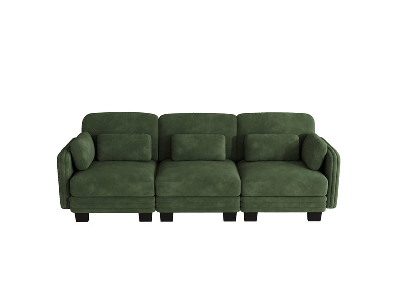  Canapé droit modulaire 3 places 253x88x88 cm, accoudoirs et coussins de soutien, cadre en bois, chenille, vert  - Conforama A