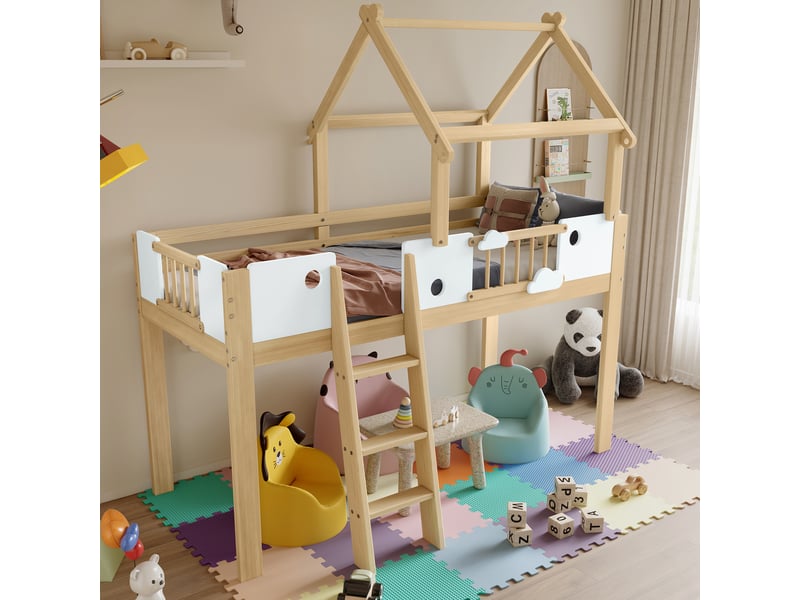  Lit mezzanine cabane enfant 90 x 200 cm avec toit, garde-corps, échelle inclinée 3 marches, espace libre sous le lit, pinmdf, blanc et naturel  - Conforama D