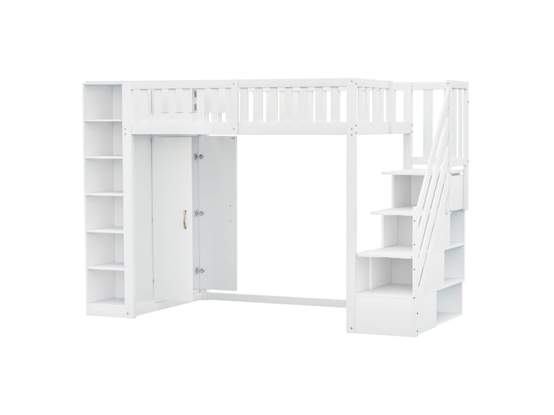  Lit mezzanine enfant 90 x 200 cm avec armoire, étagères et escalier rangement, bois, blanc Fay Lum - Conforama A