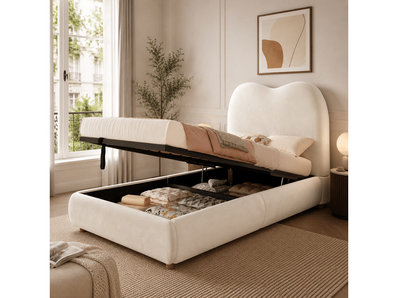  Lit enfant 90x200 avec sommier, lit coffre hydraulique et grand espace de rangement, lit capitonné velours beige pour chambre  - Conforama R