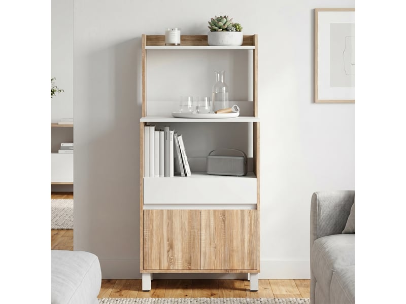  Meuble micro-ondes, buffet cuisine avec tiroir, 2 portes à fermeture douce, chêne, plan de travail et étagères ouvertes  - Conforama W
