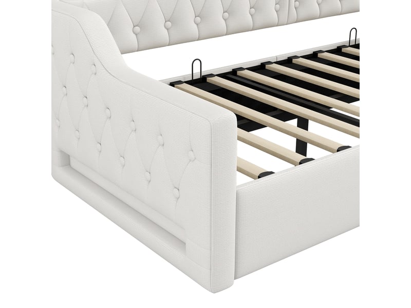  Lit banquette 1 place 90x200 cm en lin beige avec rangement sous le lit et led 7 couleurs, sans matelas  - Conforama E