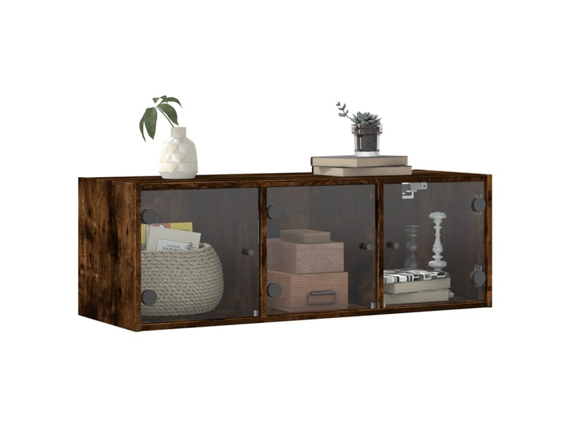  Armoire murale salon, meuble de rangement avec portes en verre chêne fumé 102x37x35 cm  - Conforama D