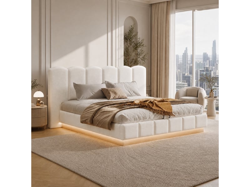  Lit coffre double,180x200 cm,avec led et sommier,tissu bouclé,blanc  - Conforama B