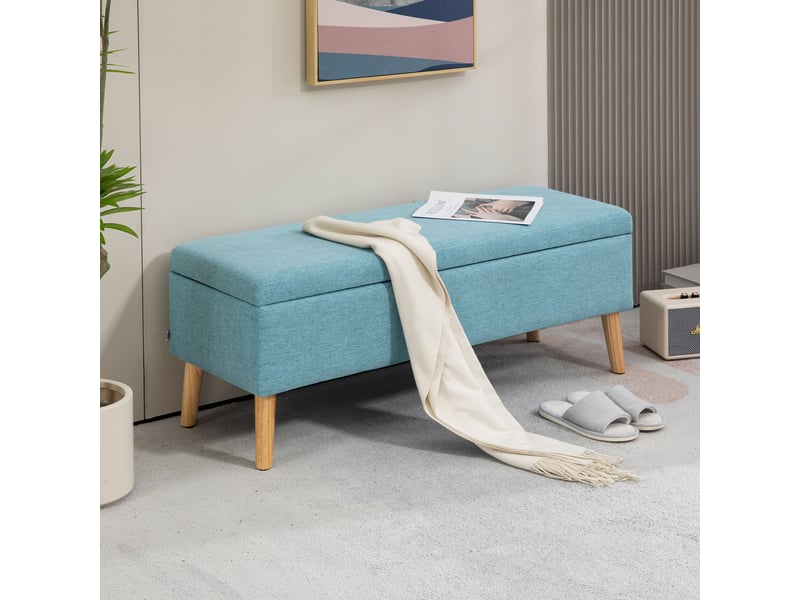  Banc de rangement bleu en lin avec coffre de rangement intégré supportant jusqu'à 220 kg et mesurant 110x39x45 cm  - Conforama D