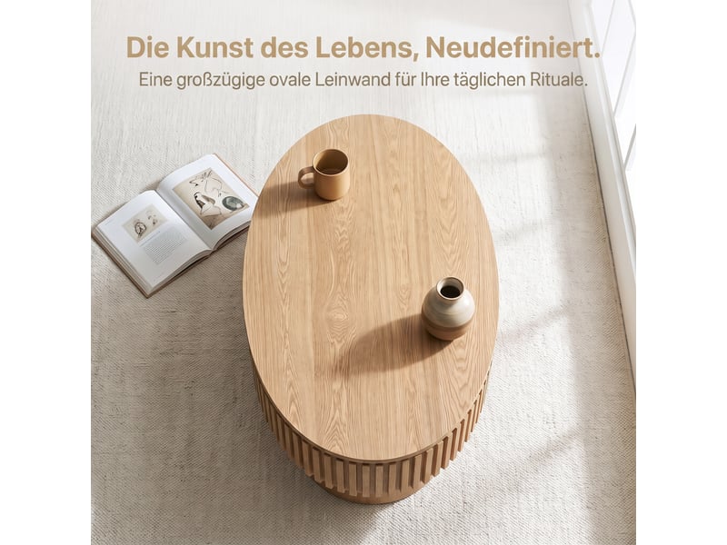  Table basse ovale,98x60x35 cm,avec rangement,mdf,plaqué bois coloris naturel  - Conforama E