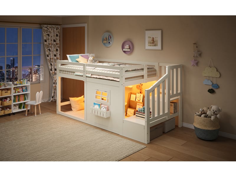 Lit superposé 90x200 cm blanc pin et mdf avec fenêtre échelle de rangement et bandeau led sans matelas Sol Morn - Conforama E