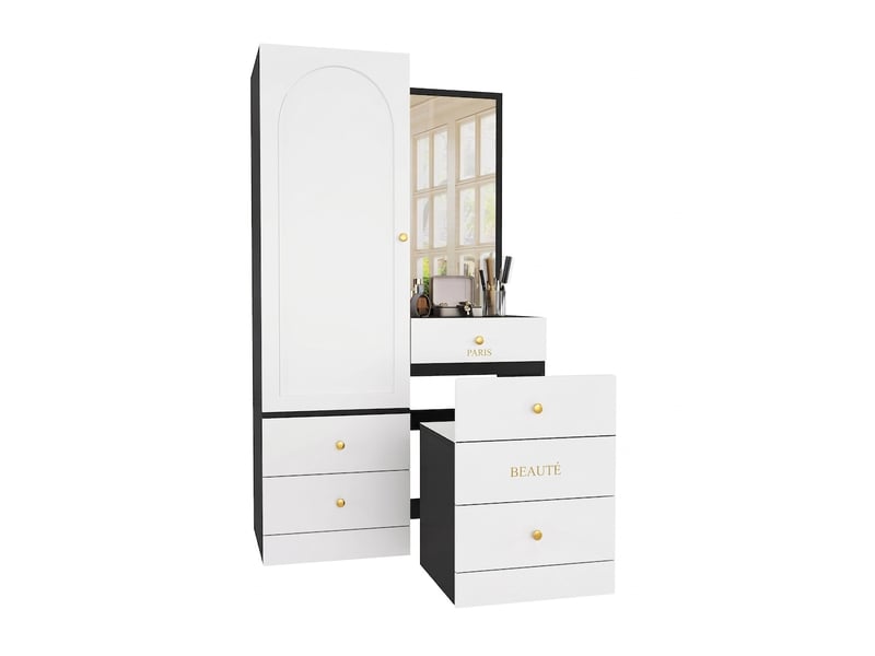 Armoire coiffeuse multifonction avec miroir pleine longueur, penderie et tabouret escamotable, noir et blanc - Conforama A