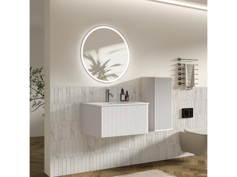 Meuble sous vasque suspendu avec miroir led et colonne, rangement pour salle de bain en mdf blanc - Conforama C