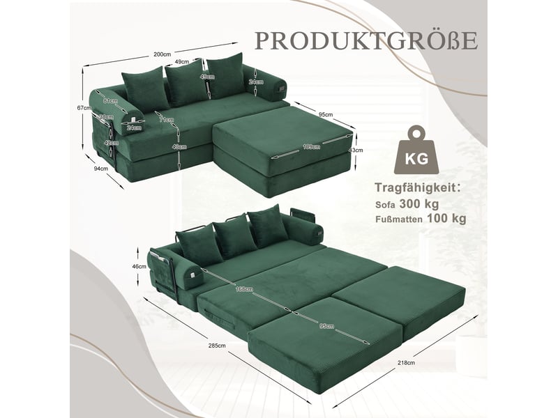 Canapé modulaire 3 places en velours côtelé vert émeraude avec pouf et 3 coussins - Conforama E