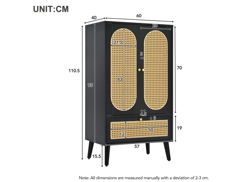  Buffet haut 2 portes et 1 tiroir, 60 cm, noir et rotin evryae  - Conforama E