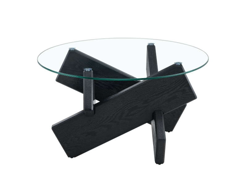  Table basse ronde multicolore mdf et verre trempé 0,8 cm ø79 cm, pieds bois noirs, design élégant  - Conforama A