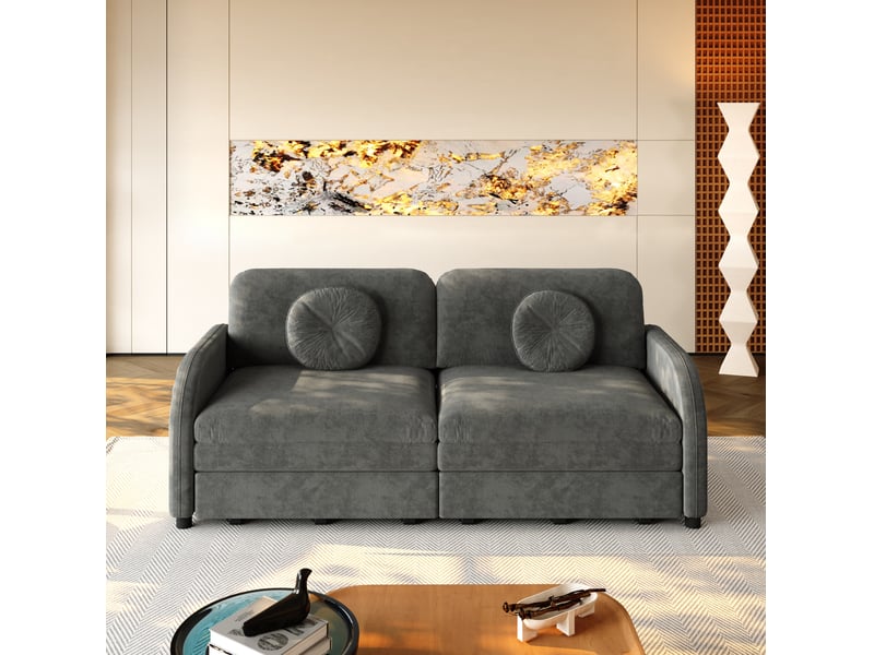  Canapé-lit 2 places 166x84x90 cm 3-en-1 avec poche latérale, pour salon, en métal, bois, mousse et tissu chenille, gris  - Conforama D