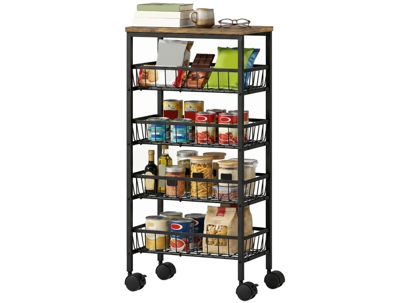  Desserte de cuisine 4 niveaux marron rustique et noir, 4 paniers coulissants sur roulettes avec freins  - Conforama A