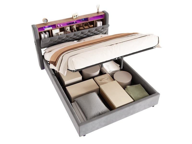  Lit rembourré gris 140 x 190 cm avec rangement hydraulique, étagère et ports usb-ausb-c  - Conforama A