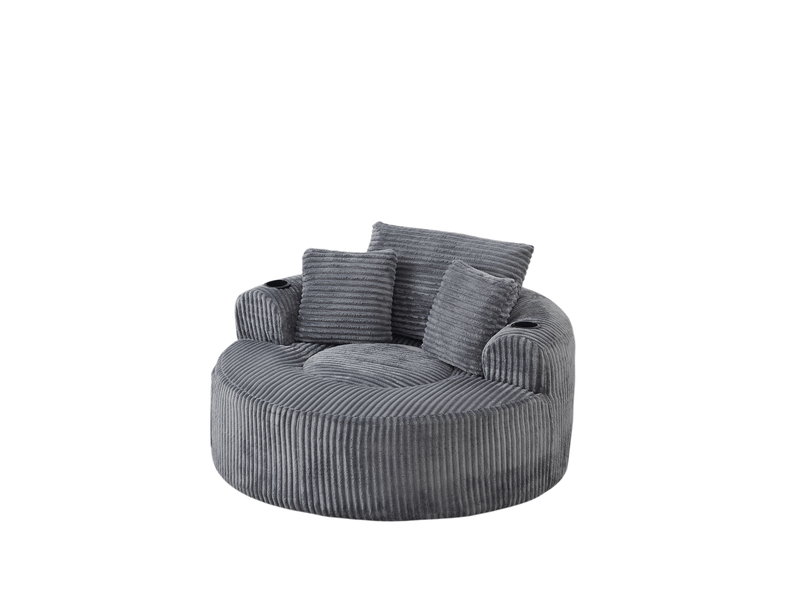  Fauteuil lounge rond 1 place en velours côtelé gris avec porte-gobelets  - Conforama A
