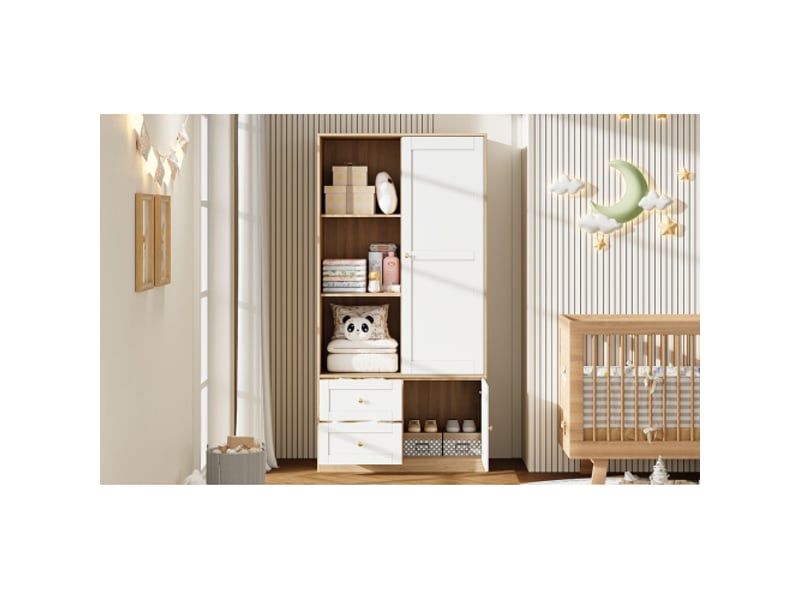 Armoire coulissante autoportante 90x50x180 cm – penderie semi-ouverte, bois et blanc, 2 tiroirs - Conforama D