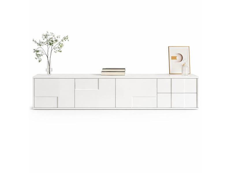  Meuble tv blanc 170 cm, 3 portes et 2 tiroirs, à poser ou à fixer au mur  - Conforama A