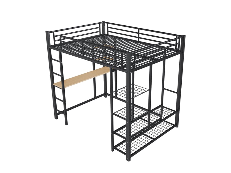  Lit mezzanine enfant 140x200 cm, table, étagère, garde-corps, sommier, métal noir, sans matelas  - Conforama E