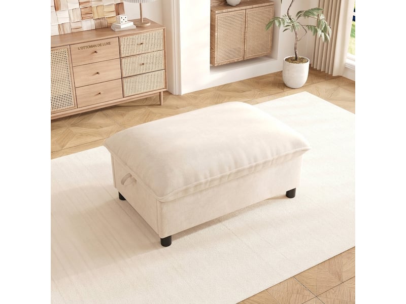  Pouf coffre de rangement beige 98x65x48 cm en tissu chenille, repose-pieds  - Conforama B