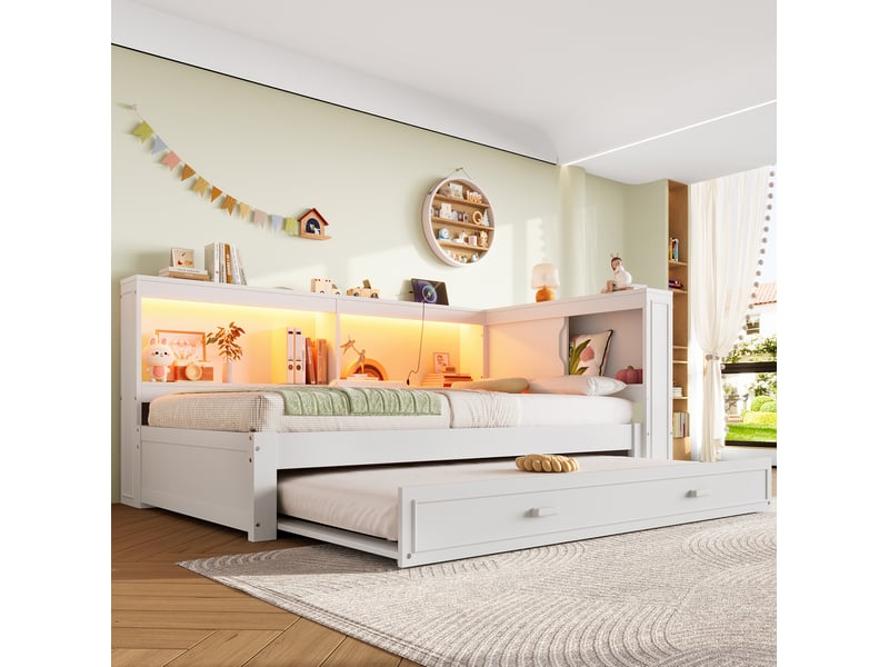 Lit gigogne 90x200 cm avec éclairage led et ports de charge en pin blanc - Conforama C
