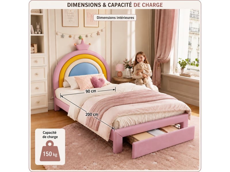 Lit coffre 90x200 cm, lit simple avec rangement, tête de lit rembourrée, evêtement pu rose, sans matelas - Conforama E