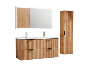 Ensemble de salle de bain noxera 120 cm – chêne wotan – double vasque, colonne suspendue et miroir led