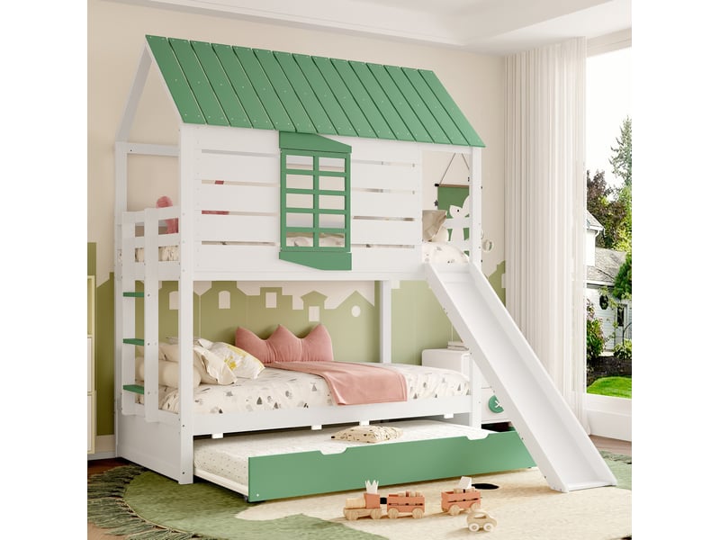  Modenvie lit superposé cabane 90x200 cm - avec toboggan, lit gigogne et barrières - blanc et vert  - Conforama B