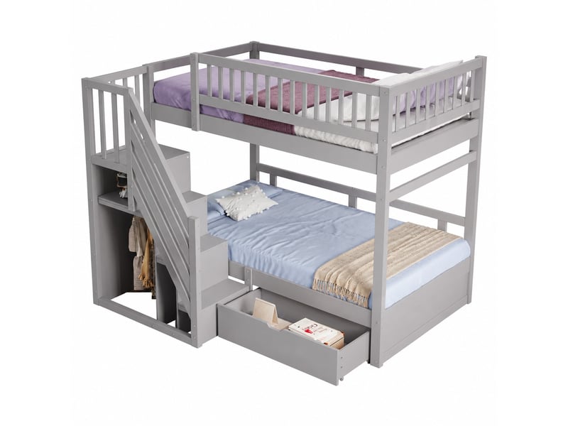  Lit superposé 90x200 cm avec sommiers, échelle avec rangement et tiroirs gris  - Conforama A