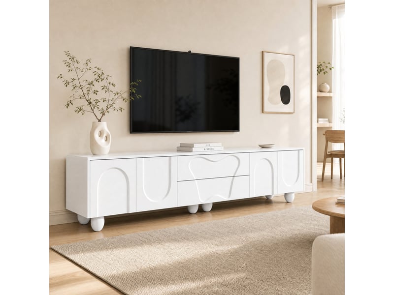  Meuble tv blanc mat 180 x 40 x 42 cm, 2 tiroirs, rangements et pieds en bois  - Conforama B