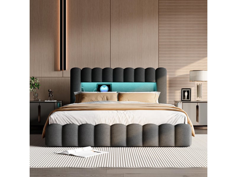Lit coffre 180x200cm - lit double 180x200 rembourré en velours avec rangement, tête de lit, led rgb et prises usb - marron - Conforama B