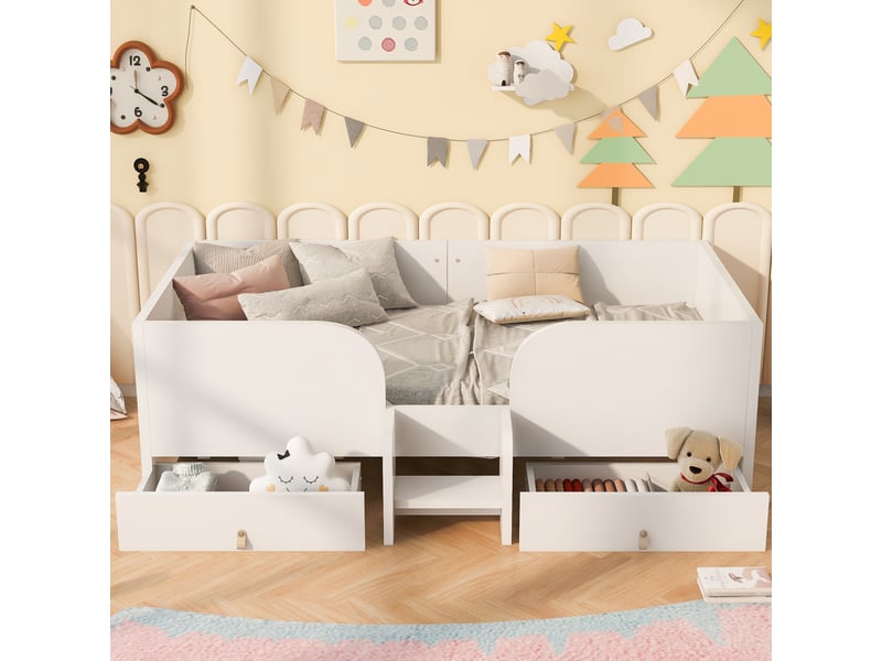 Lit enfant 90x200 cm blanc en bois avec 2 grands tiroirs, échelle de sécurité et barrières - Conforama W