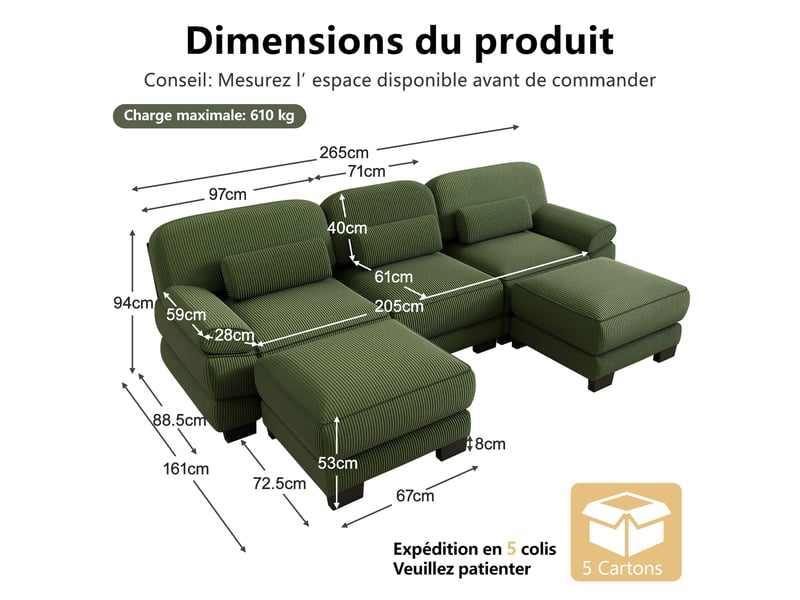 Canapé panoramique modulable 265 cm 3 places avec 2 poufs, design carré épuré, base et accoudoirs à matelassage en canaux, velours côtelé, vert - Conforama D
