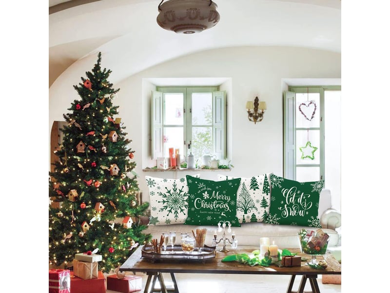  Lot de 4 housses de coussin de noël 45 x 45 cm, motif flocons de neige d'hiver, décoration de noël vert  - Conforama B