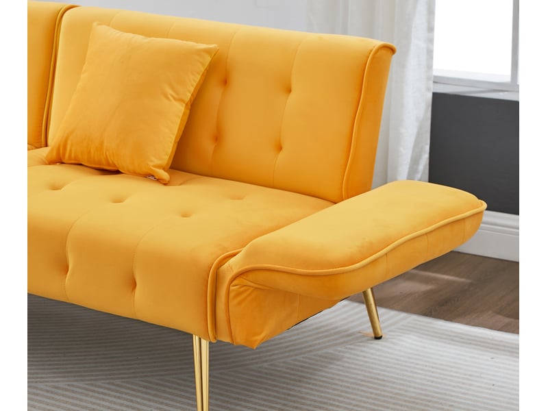  Canapé convertible 2 places jaune, canapé-lit velours avec accoudoirs réglables et dossier ajustable, design moderne pieds dorés  - Conforama W
