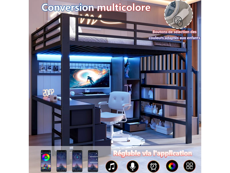  Lit mezzanine enfant 140x200 cm avec bureau, 4 tiroirs, escalier de rangement et éclairage led, cadre métal noir  - Conforama D