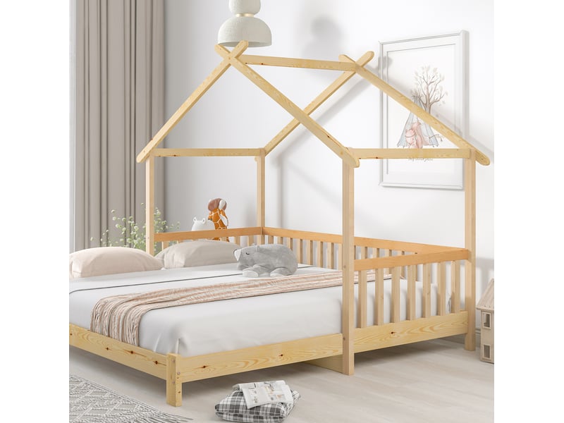  Lit cabane extensible enfant 200x90 cm et 200x180 cm barrière 3 côtés bois naturel sans matelas  - Conforama D