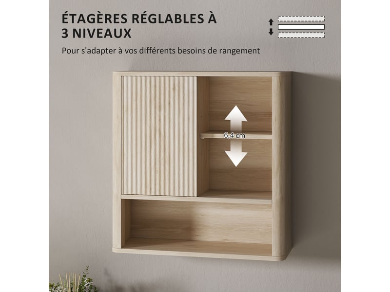  Armoire murale salle de bain avec étagères réglables, bois naturel, porte coulissante et étagères ouvertes  - Conforama W