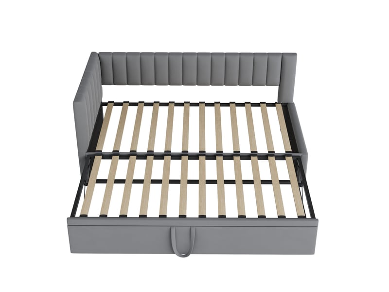  Lit enfant gigogne 90x200cm, gain de place, tête de lit confort, style moderne, velours gris clair, sans matelas  - Conforama R