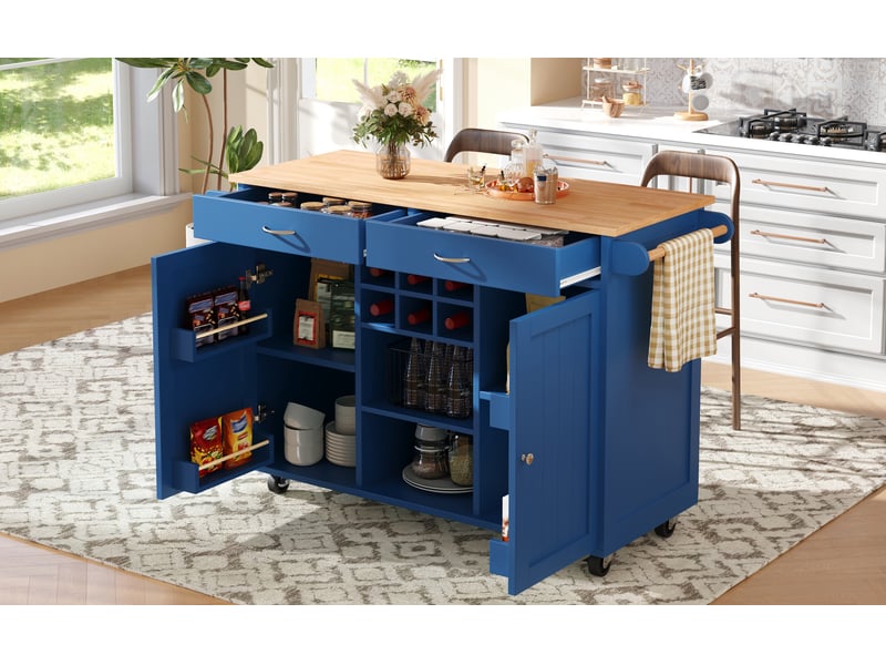  Desserte de cuisine à roulettes avec rangements réglables et porte-bouteilles, en mdf et métal bleu, 102×45×92 cm  - Conforama B
