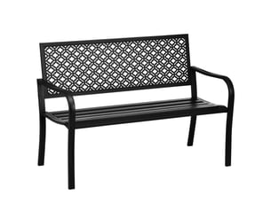 Banquette de jardin 2 places noire en acier avec dossier fleuri et accoudoirs, idéale pour terrasse et jardin