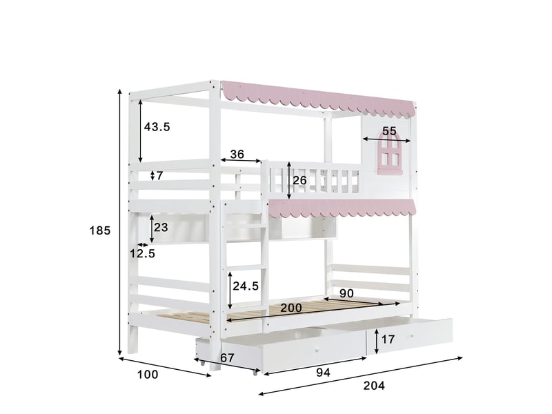  Lit superposé 90x200 cm, lit enfant avec fenêtres et rideaux de jeu, en bois de pin et mdf avec 2 tiroirs de rangement et étagères, blanc et rose  - Conforama E