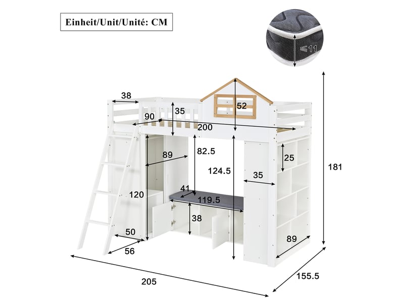  Lit mezzanine enfant 90 × 200 cm 1 place avec armoire, étagères et banquette, sans matelas, en bois blanc et naturel  - Conforama D