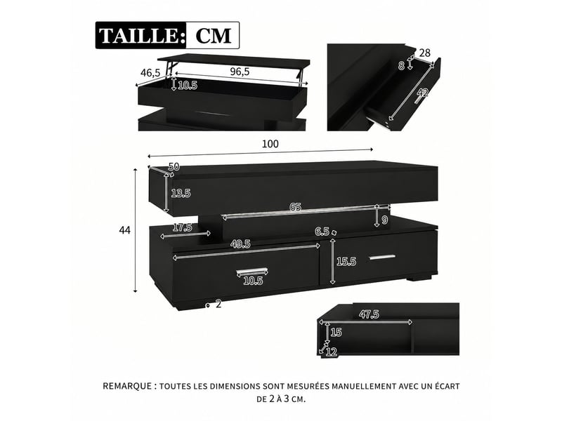 Table basse relevable hydraulique noire 100 x 50 x 44 cm, led bluetooth, 2 tiroirs  - Conforama C