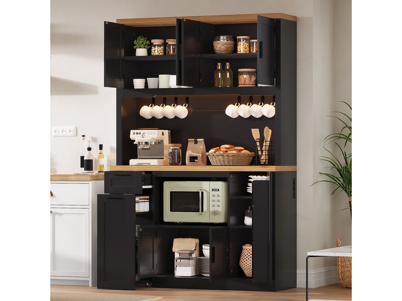  Buffet de cuisine - 120x40x182 cm - buffet vaisselier avec éclairage led, station de charge, tiroirs et étagères réglables - noir  - Conforama D