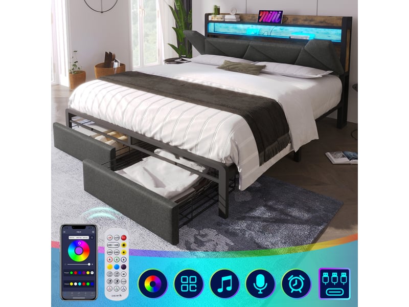 Lit double coffre 160x200 cm led avec tête de lit rangement, usb-c, tiroirs, lin gris, matelas inclus - Conforama D
