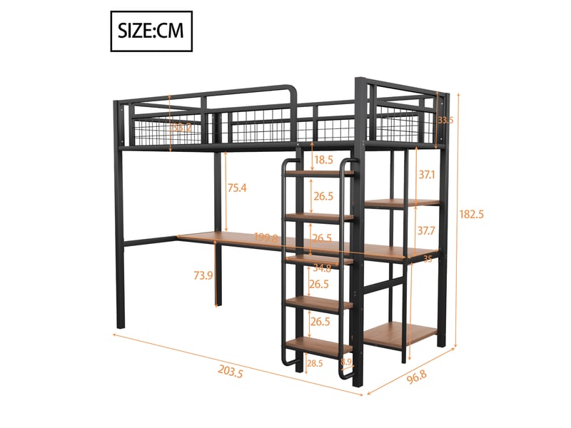 Lit mezzanine enfant 90x200 cm avec table, étagère, garde-corps, escalier, sommier, métal noir, sans matelas - Conforama C
