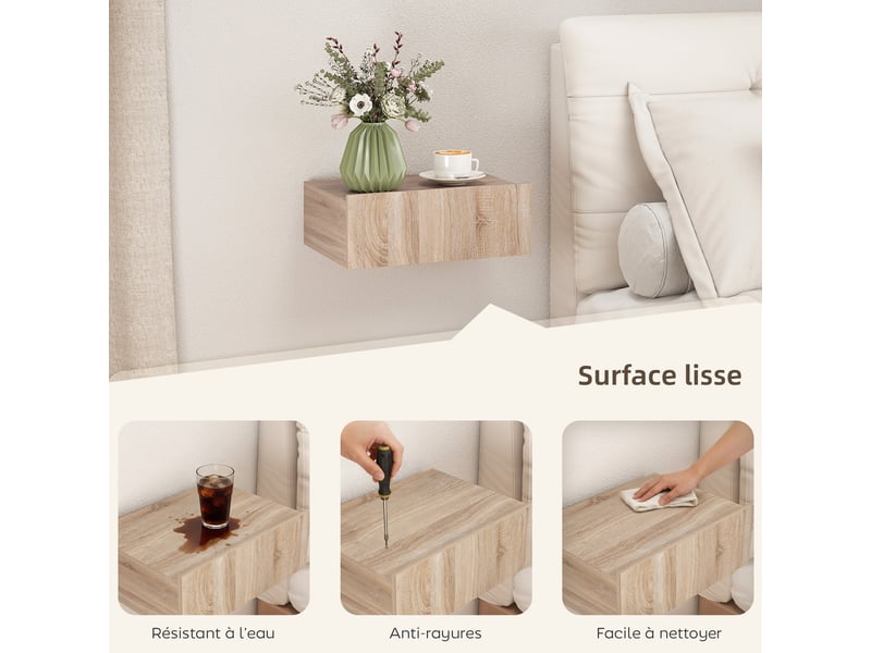  Lot de 2 tables de chevet murales, tables de nuit suspendues avec tiroir coulissant, chêne, 40 x 30 x 15 cm  - Conforama R