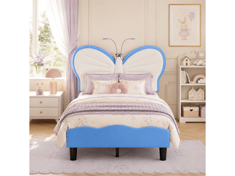  Lit simple 90x200 cm avec lampes led, lit enfant capitonné avec tête de lits réglable en forme de papillon et lattes en velours, sans matelas, bleu  - Conforama D