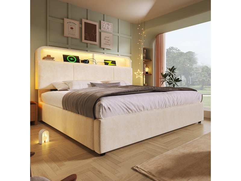 Lit coffre rembourré 160x200 cm, rangement hydraulique, tête de lit réglable, led 16 couleurs, 3 usb et 1 usb-c, velours - beige - Conforama B